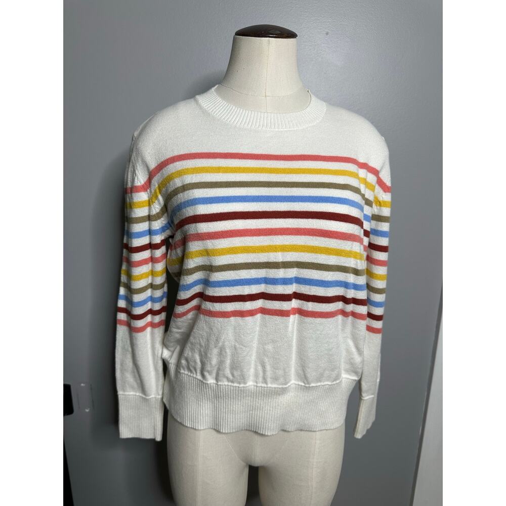 LL Bean White Multi-Color Stripes Sweater Cotton Cashmere Blend Preppy XS - Picture 2 of 10